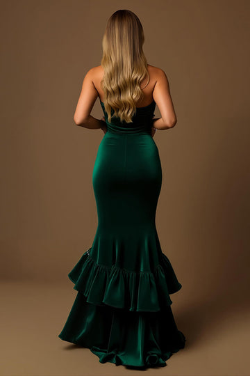 Robe de soirée longue de vacances sans bretelles vert foncé Sirène à plusieurs niveaux